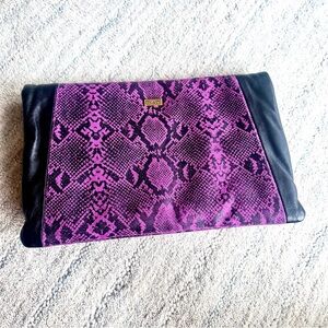BE& D Purple & Black Python Print Leather Fold-over Zipper Clutch